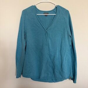 Eddie Bauer Teal Blue V Neck Henley Sweater Long Sleeve Cotton Blend Women's L